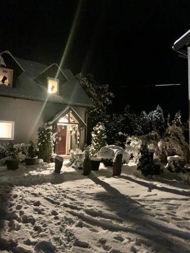 a house with a car parked in the snow at night at Mazurski dom Brejdyny Sauna i Bania in Mrągowo