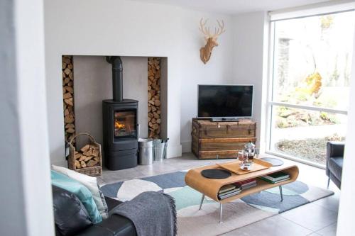 a living room with a couch and a fireplace at Barn Lane @ Drumagosker Rural Retreats in Ardmore
