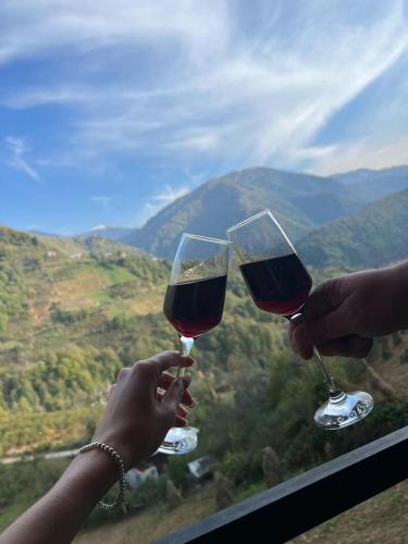 two people holding wine glasses in front of a window at Eco cottage sunrise merisi in Merisi