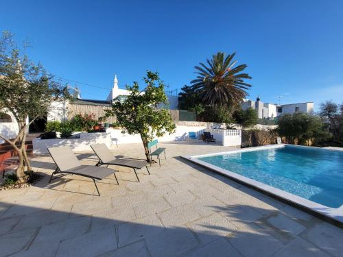 a swimming pool with lounge chairs next to a resort at La Casa d'Olhão in Quelfes