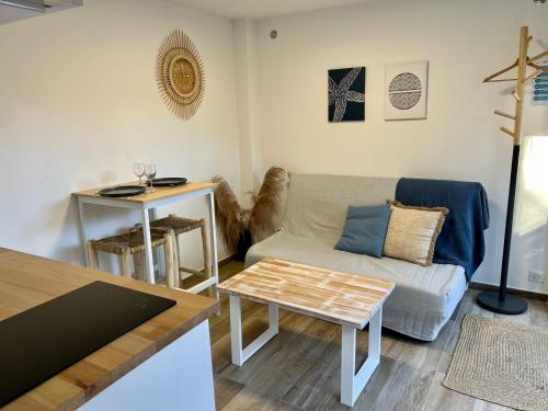 ein Wohnzimmer mit einem Sofa und einem Tisch in der Unterkunft Studio with private car park and air con in Valbonne