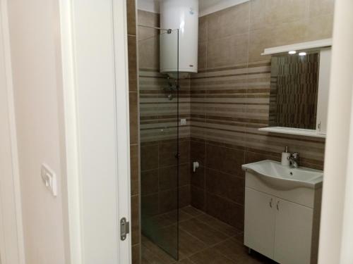 uma casa de banho com um chuveiro e um lavatório. em Apartman Tomas em Subotica