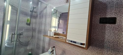 ein Bad mit einer Dusche, einem Waschbecken und einem Spiegel in der Unterkunft Center apartment in Belišće