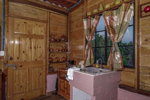 a kitchen with a sink and a window in a cabin at Cabañas Gonzalez in Salcoatitán