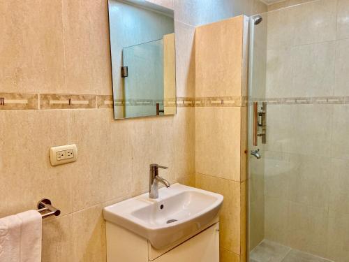 y baño con lavabo y ducha con espejo. en Ermitage en Santo Domingo