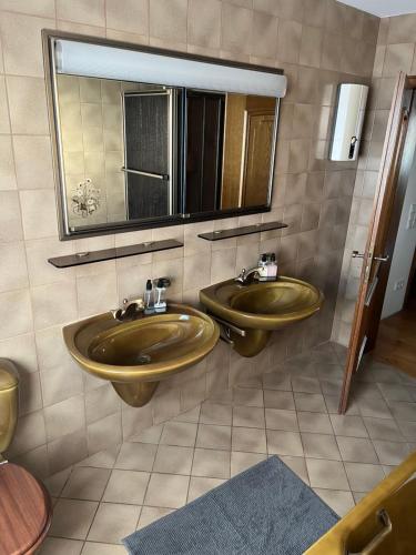 a bathroom with two gold sinks and a mirror at Voll Ausgestattetes Appartment in Bergkamen-Oberaden in Bergkamen