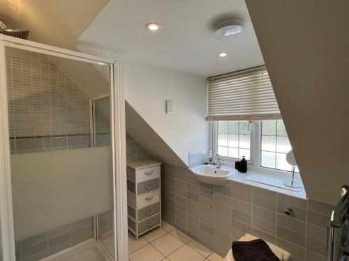 a bathroom with a shower and a sink at Broadway Pool House with Sauna & Jacuzzi in Herne Bay