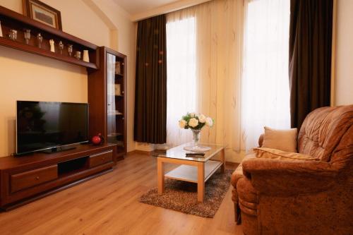 a living room with a couch and a tv at Apartmany u tri jehnatek in Karlovy Vary