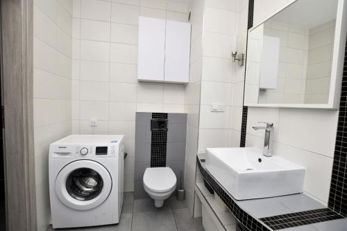 uma casa de banho com uma máquina de lavar roupa e um lavatório em Apartament przy Starówce em Elblag