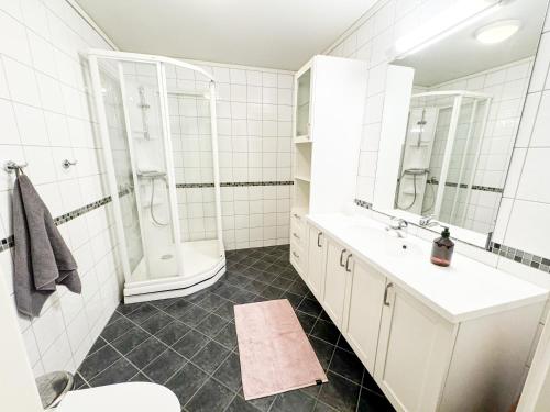 ein Bad mit einem Waschbecken, einer Dusche und einem WC in der Unterkunft Spacious apartment with 3 bedrooms next to amazing nature in Tromsø