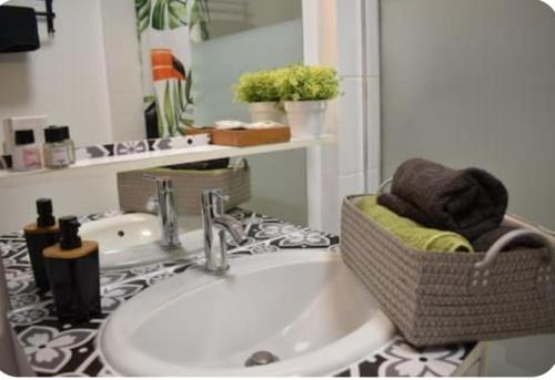 ein Bad mit einem Waschbecken und einem Spiegel in der Unterkunft Joli apartment proche du centre-ville in Poitiers