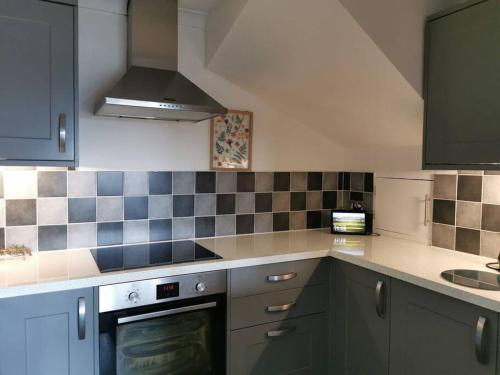 a kitchen with green cabinets and a stove top oven at The View in Teignmouth