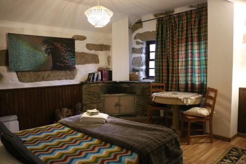 a bedroom with a bed and a table and a fireplace at Lago da Garça Guesthouse in São Pedro do Sul