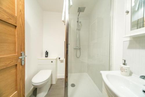 a white bathroom with a toilet and a sink at Reading Apartment - Contractors - Relocators in Reading