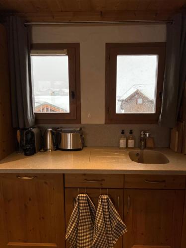 a kitchen with a sink and two windows at Chalet familial idéal 2 familles nombreuses Ski aux pied 12 pers Plagne Soleil in La Plagne Tarentaise