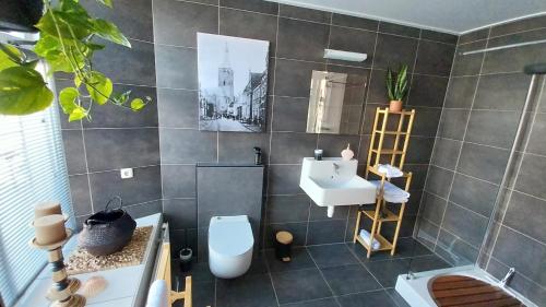 bagno con servizi igienici bianchi e lavandino di Gasthuis In de Heilige Stede a Hasselt