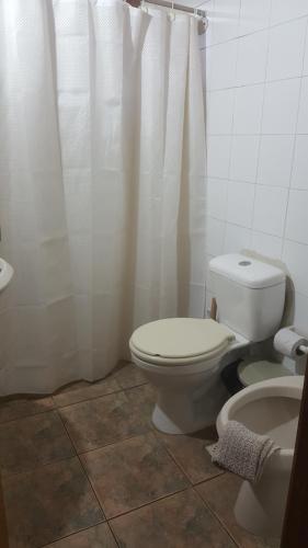 a bathroom with a toilet and a shower curtain at Bonibert in Termas de Almirón Inmotur