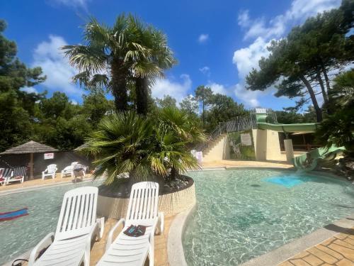 una piscina con 2 sillas blancas y una palmera en Mobilhome Luminosa tt équipé 6/8 pers, en Les Mathes