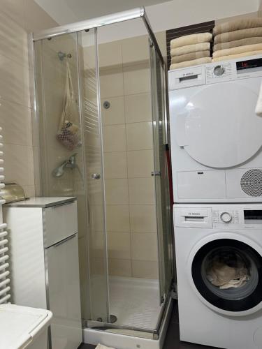ein Badezimmer mit einer Waschmaschine und einer Waschmaschine in der Unterkunft Morski užitek “sea delight” in Koper