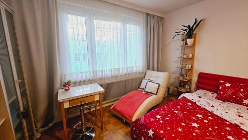 1 dormitorio con cama, escritorio y ventana en Влюбленные, en Viena