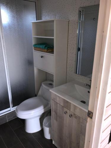 uma casa de banho com um WC, um lavatório e uma banheira em Cabañas Altos de Cahuil em Cáhuil