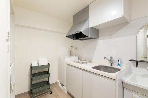 eine kleine weiße Küche mit einer Spüle und einer Theke in der Unterkunft グランシャーギ in Osaka