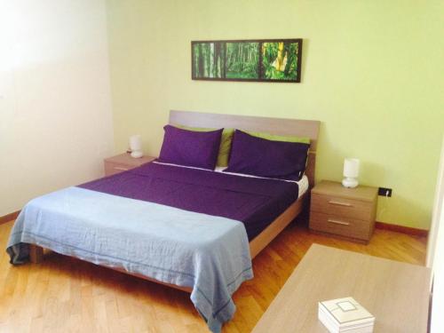 een slaapkamer met een paars bed en 2 nachtkastjes bij Dimora Degli Oleandri in Matera