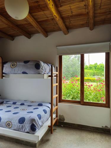 1 dormitorio con litera y ventana en Casa de campo Oasis De San Andres, en Miraflores
