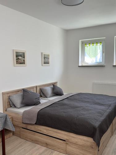 ein Schlafzimmer mit einem großen Bett in einem weißen Zimmer in der Unterkunft Ein Zimmer Wohnung am Markt in Oelsnitz