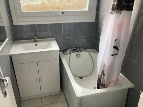 La salle de bains est pourvue d'un lavabo, d'une baignoire et d'un rideau de douche. dans l'établissement Grand studio confort Evreux, à Évreux