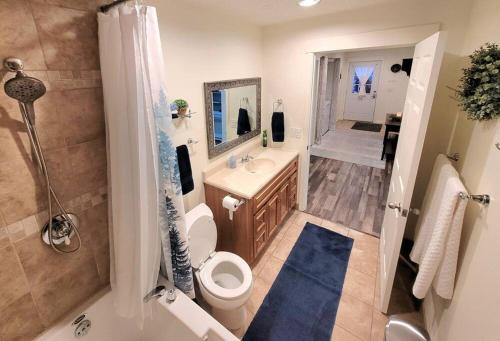 a bathroom with a toilet and a sink and a shower at Immaculate Home w/ Mtn and River Views! in East Wenatchee