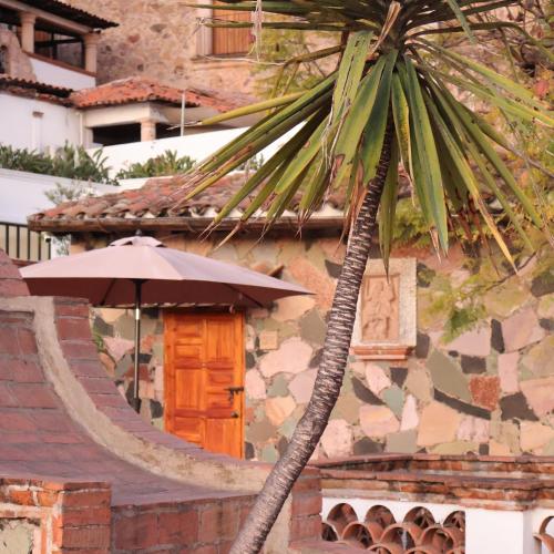 a palm tree next to a building with an umbrella at Hotel los Arcos in Taxco de Alarcón