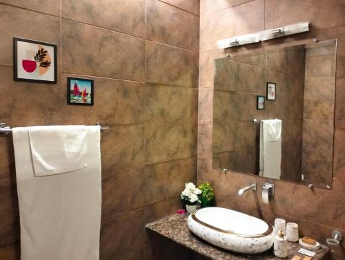 a bathroom with a sink and a mirror at Riviera Courtyard Guest House Islamabad in Islamabad