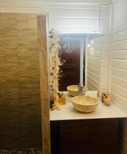 a bathroom with two sinks and a large mirror at Villa Réséda in Sainte-Anne