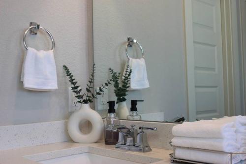um balcão de casa de banho com um lavatório e um espelho em Home away from home in Prime Location, SATX em San Antonio