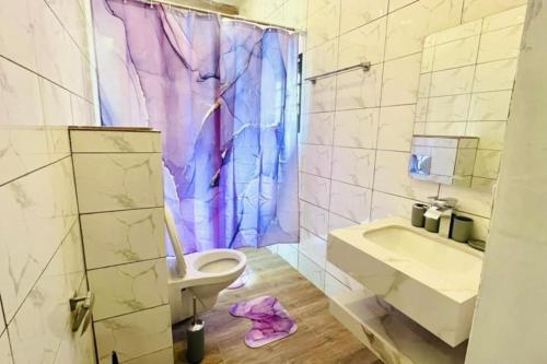 uma casa de banho com um WC, um lavatório e um chuveiro em LES 9 Plurielles T3 KPALIME KOUMA KONDA em Palimé