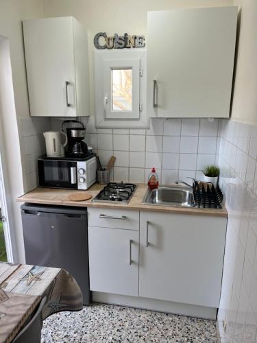 a kitchen with a sink and a microwave at L Abri-côtier Appartements in Saintes-Maries-de-la-Mer