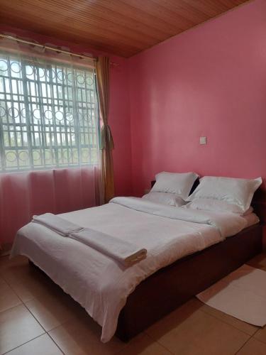a bedroom with a large bed with a pink wall at Nina's Home in Hoeys Bridge