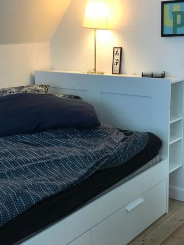 Schlafzimmer mit einem Bett mit einem weißen Kopfteil in der Unterkunft Smukt, sjælfuldt og charmerende hus midt i Odense. in Odense