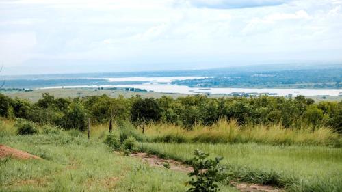 a view of a river from a hill with grass and trees at Mama Washindi Lodge in Pakwach East