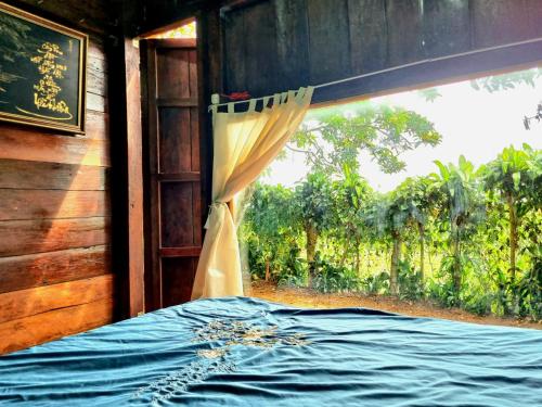 a bed in a room with a window at Homestay Vườn Trái Cây Nhiệt Đới VÔ ƯU GARDEN in Bao Loc