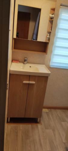 une salle de bain avec un lavabo et un miroir dans l'établissement MOBIL HOME CAMPING 3***, à Villefranche-de-Conflent