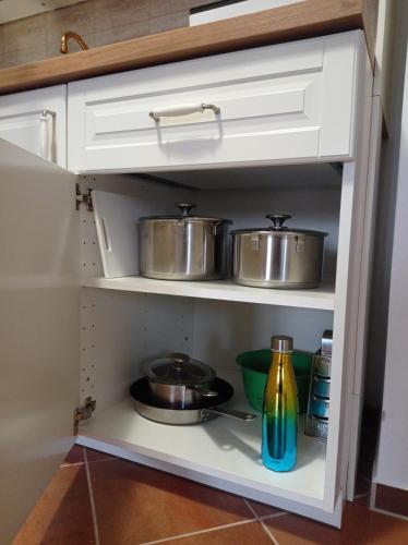 a kitchen cabinet with two pots and pans at Apartmány U Orlického jezera - Kamenice in Klučenice
