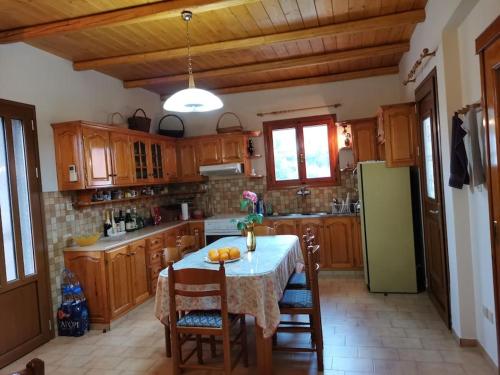 a kitchen with a table and a green refrigerator at LEMON TREE GARDEN near Mirtos beach in Bekatoráta