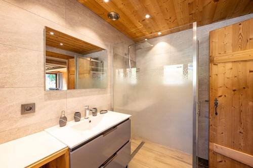 ein Bad mit einem Waschbecken und einer Dusche in der Unterkunft Chalet Mont Blanc - Conciergerie de la Yaute in Cordon