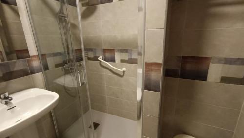 y baño con ducha y lavamanos. en Hotel Rural Martin, en Baños de Montemayor