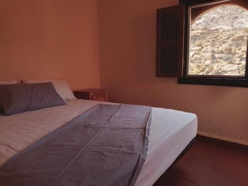 1 dormitorio con cama y ventana abierta en Tagtout en Tafraoute