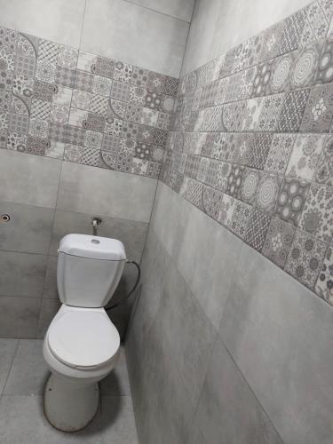 baño con aseo blanco y paredes de azulejos en Փոքրիկ առանձնատուն en Nor Kharberd