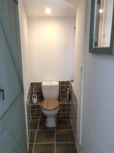a bathroom with a toilet with a wooden seat at Moulin de Saint-Civran in Saint-Civran