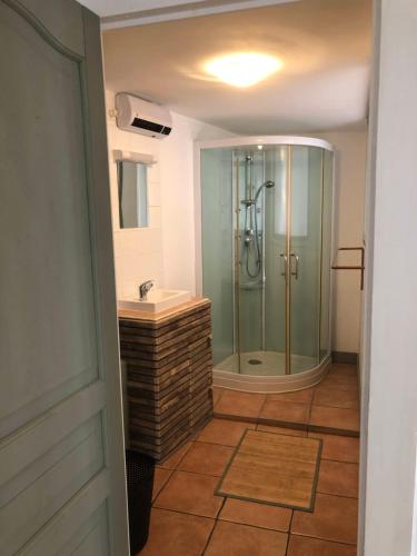 a bathroom with a shower and a sink at Moulin de Saint-Civran in Saint-Civran